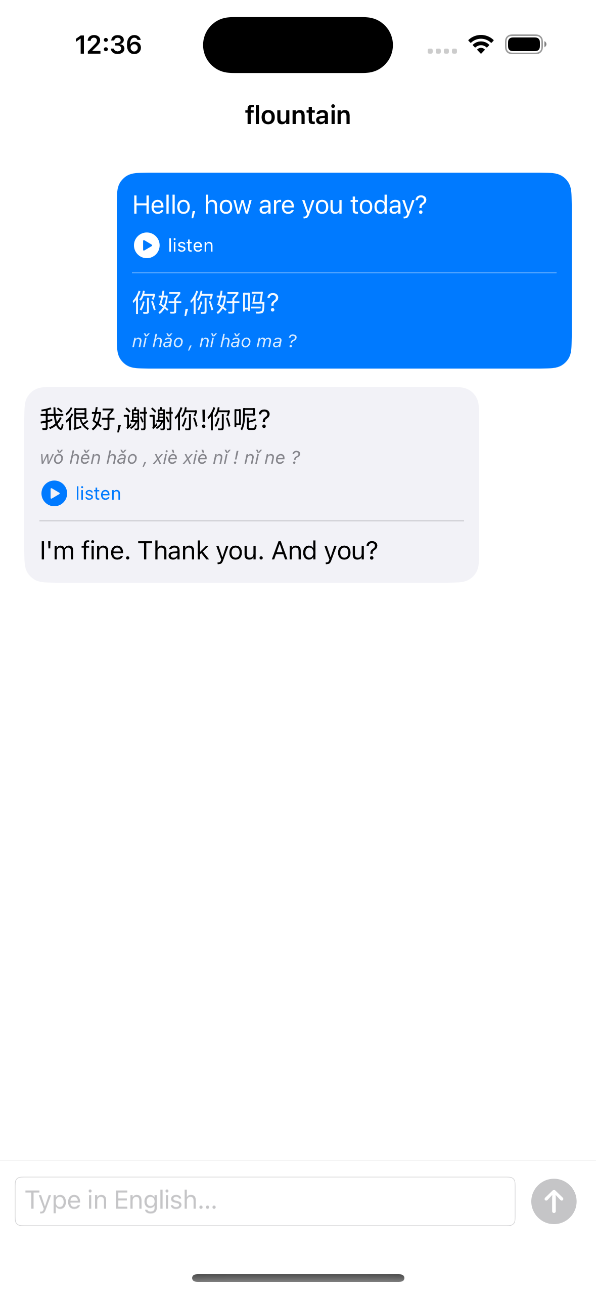 flountain chat showing a single message in five layers: original, pronunciation, audio, translation, and a reply guide